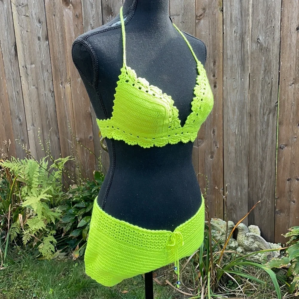 Neon Yellow Handmade Crochet Bikini Set – 100% Cotton – Adjustable S-M-L